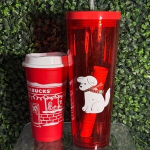 NWT❤️Starbucks 2025 Holiday White Puppy Red Plastic Tumbler & Reusable Red Cup